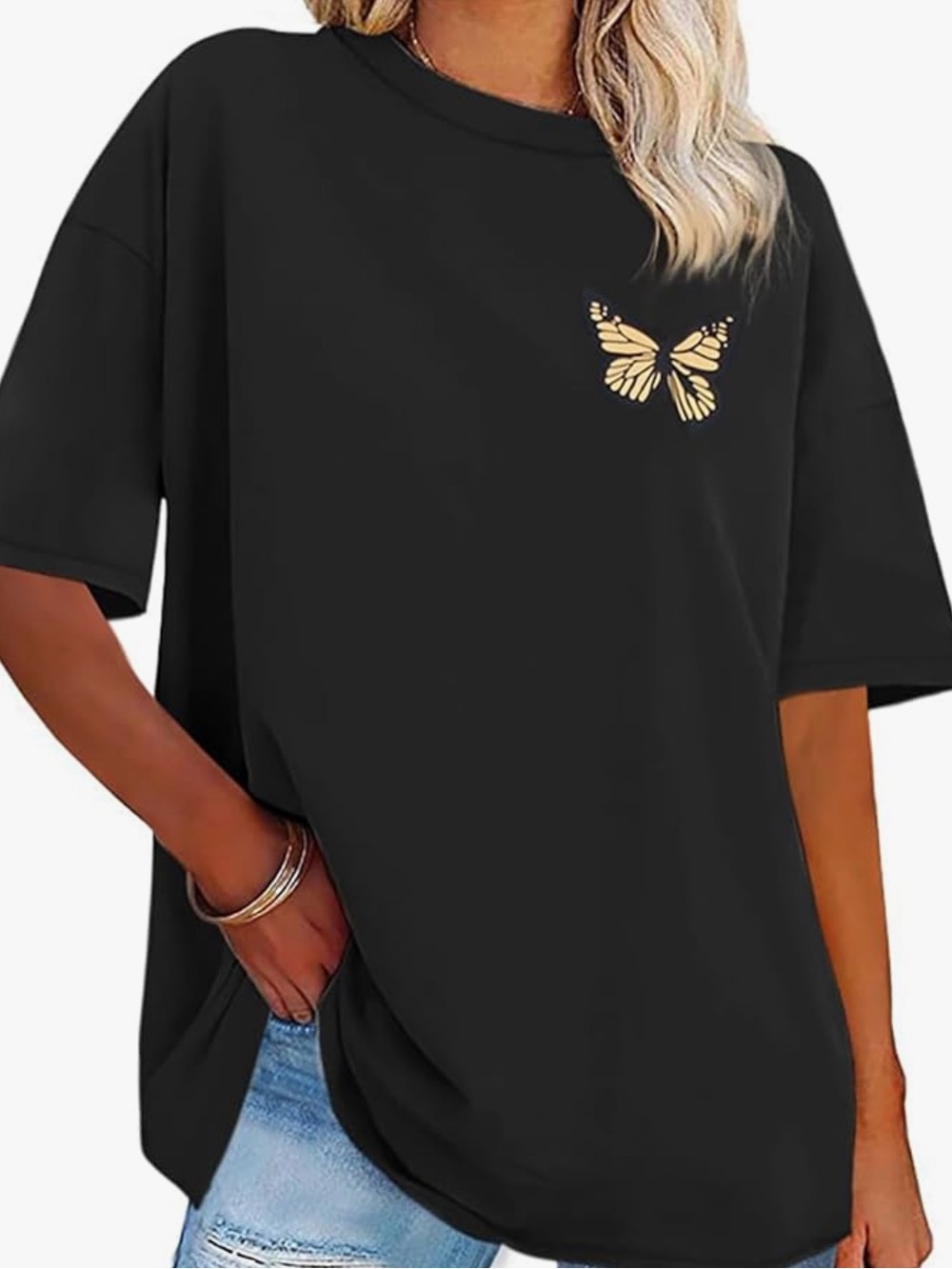 Chic Nation Black Tee with Gold Butterfly Accent